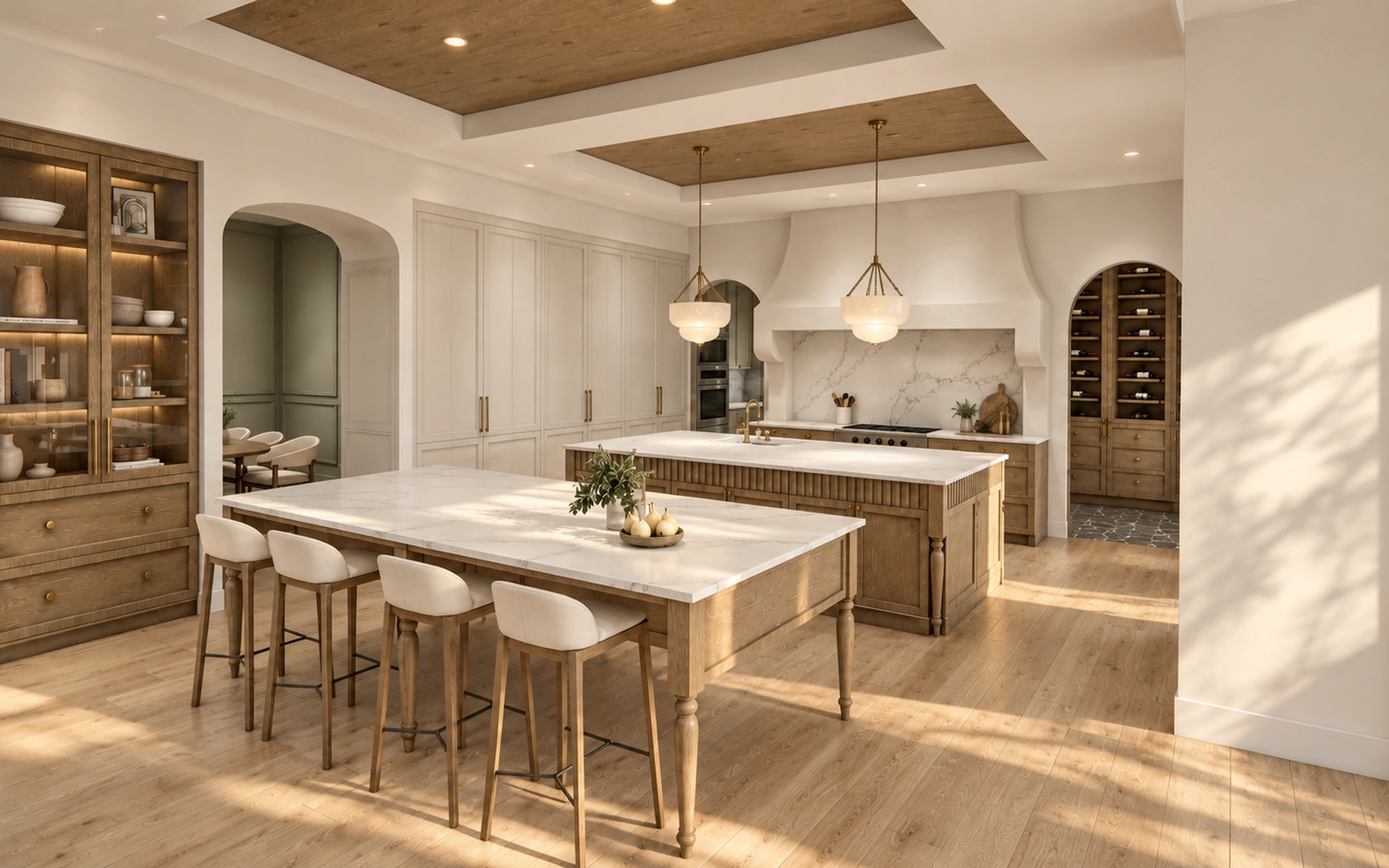 Bellagio custom kitchen with custom cabinetry and two islands