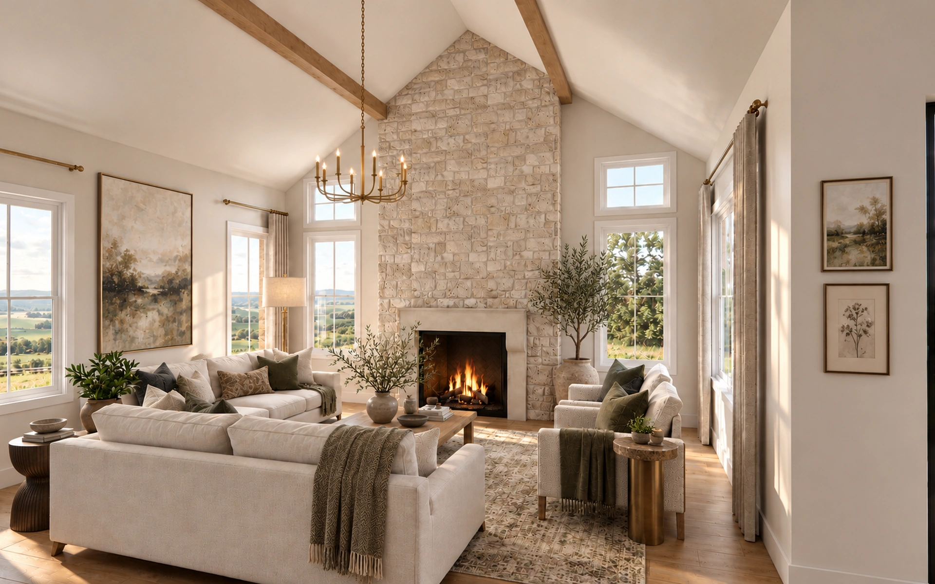 Bellagio custom home living room with vaulted ceiling and stone fireplace