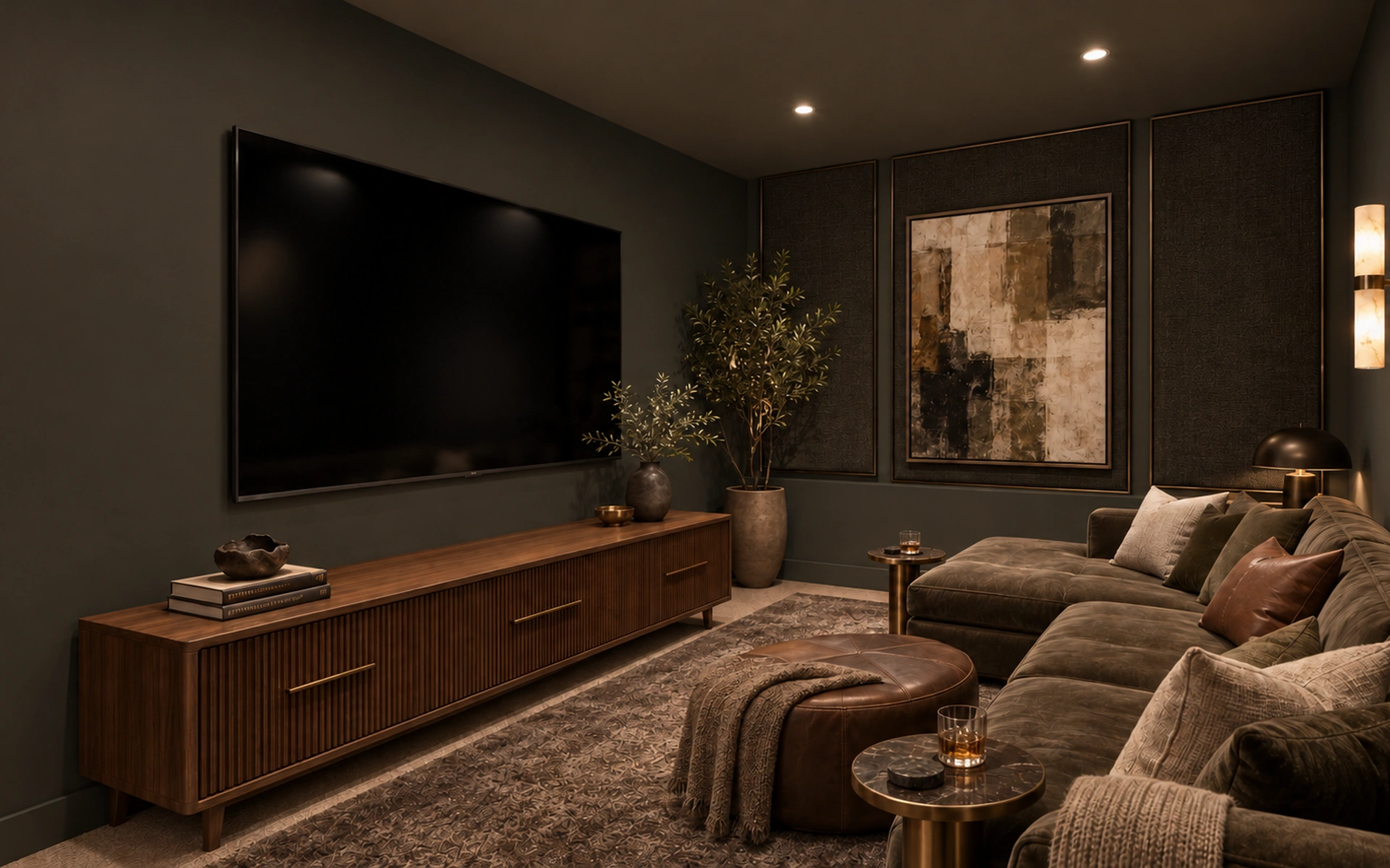 Bellagio custom home theatre with dark finishes and built-in cabinetry