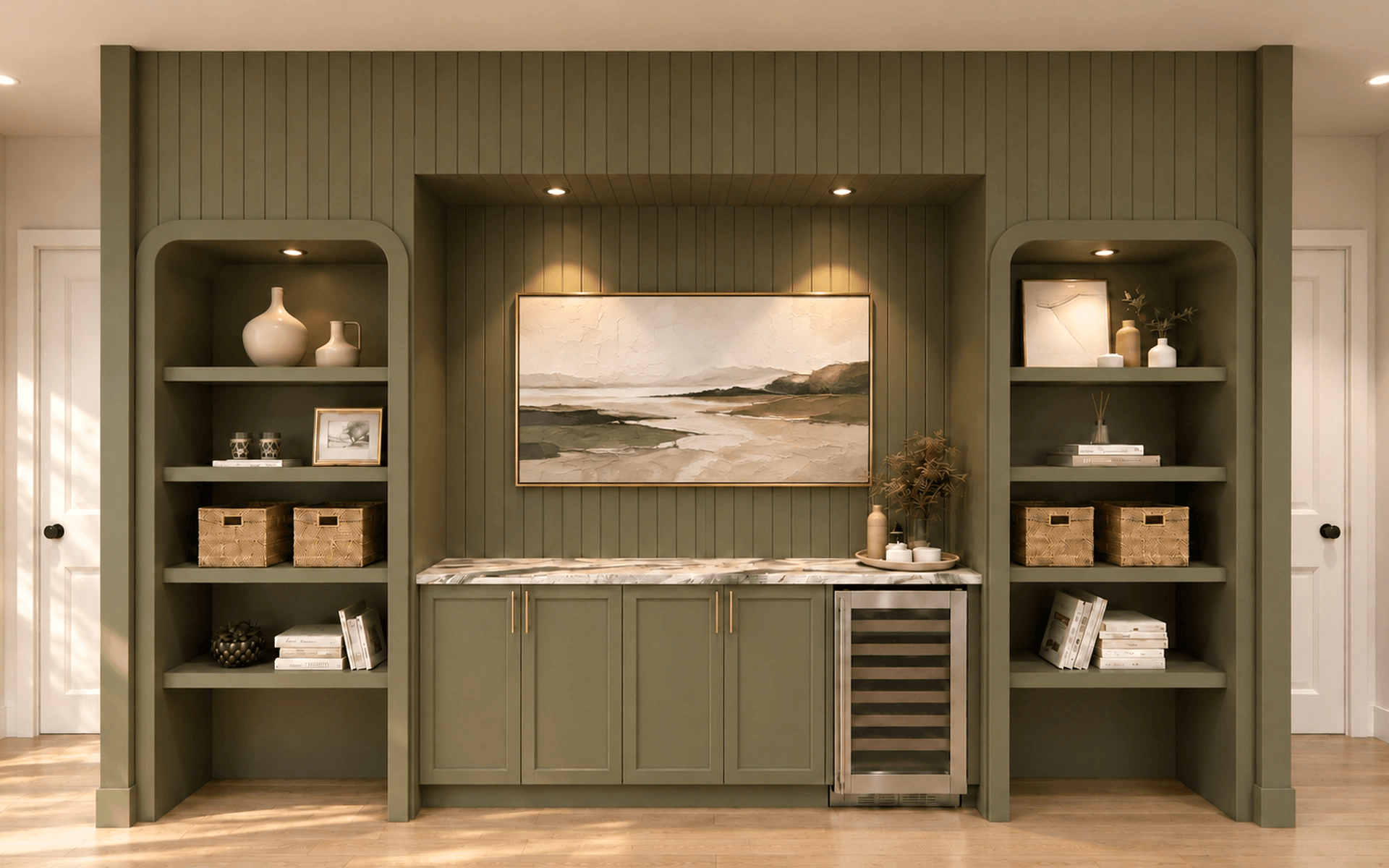 Green custom cabinetry and built-ins